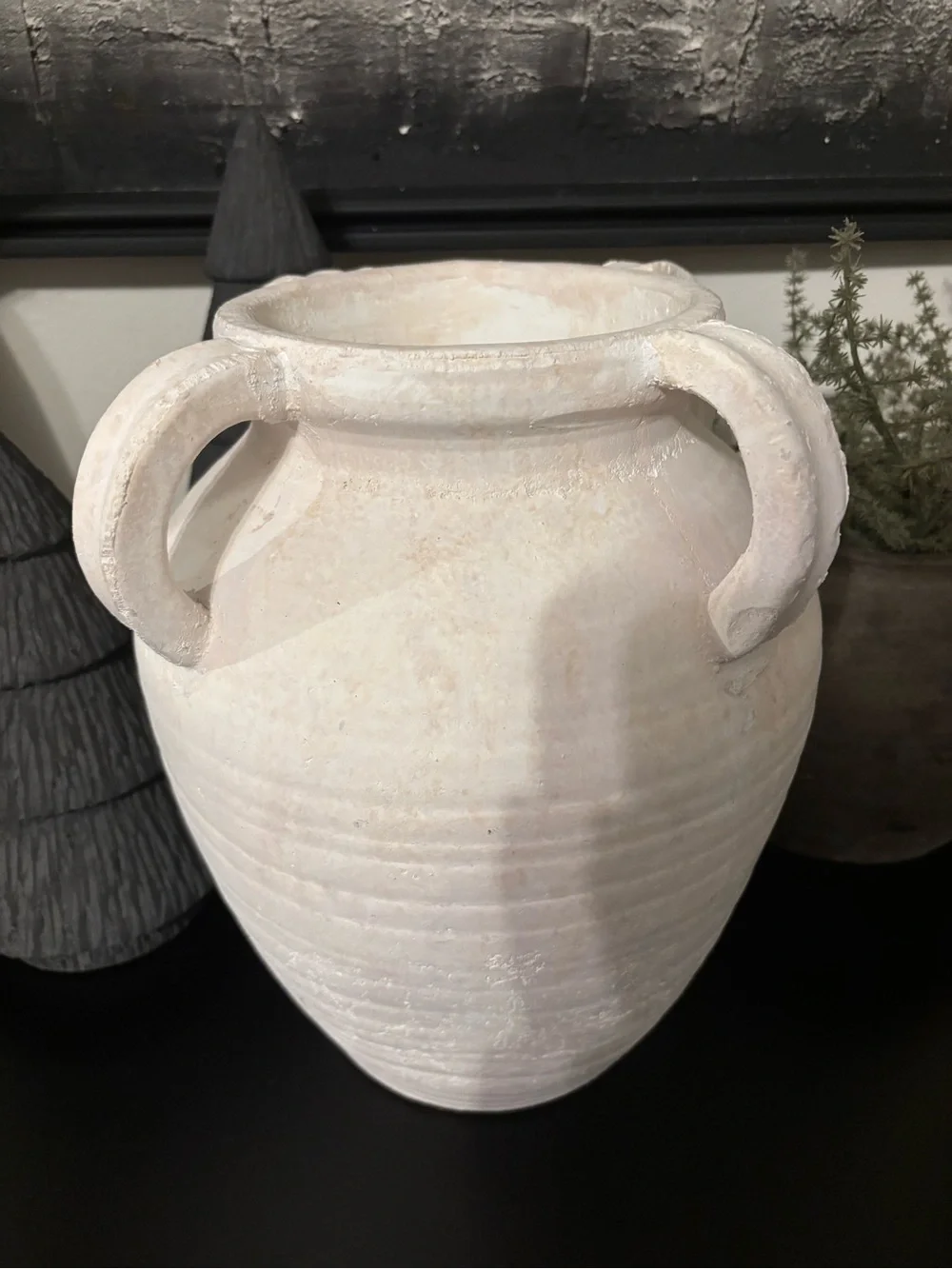 Neutral White Vintage Style Four Handle Ribbed Decorative Vase-Large